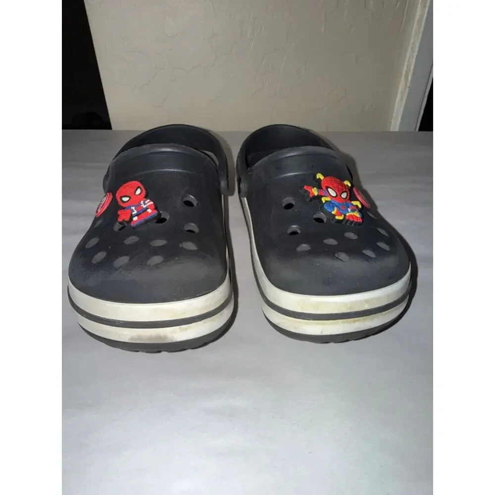 Crocs black youth size 12 with Spider-Man croc charms jibbits